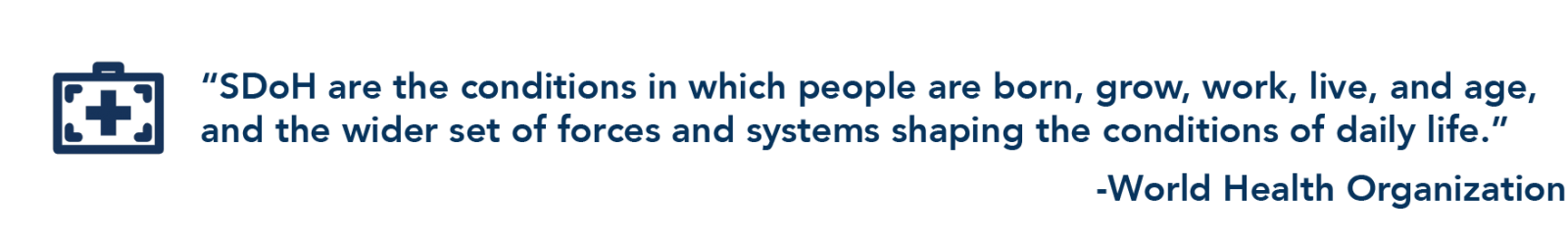 SDoH are the conditions in which people are born, grow, work, live, and age, and the wider set of forces and systems shaping the conditions of daily life. -World Health Organization