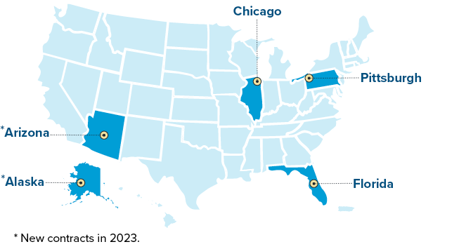 U.S. map showing five cities where AIR has community schools projects