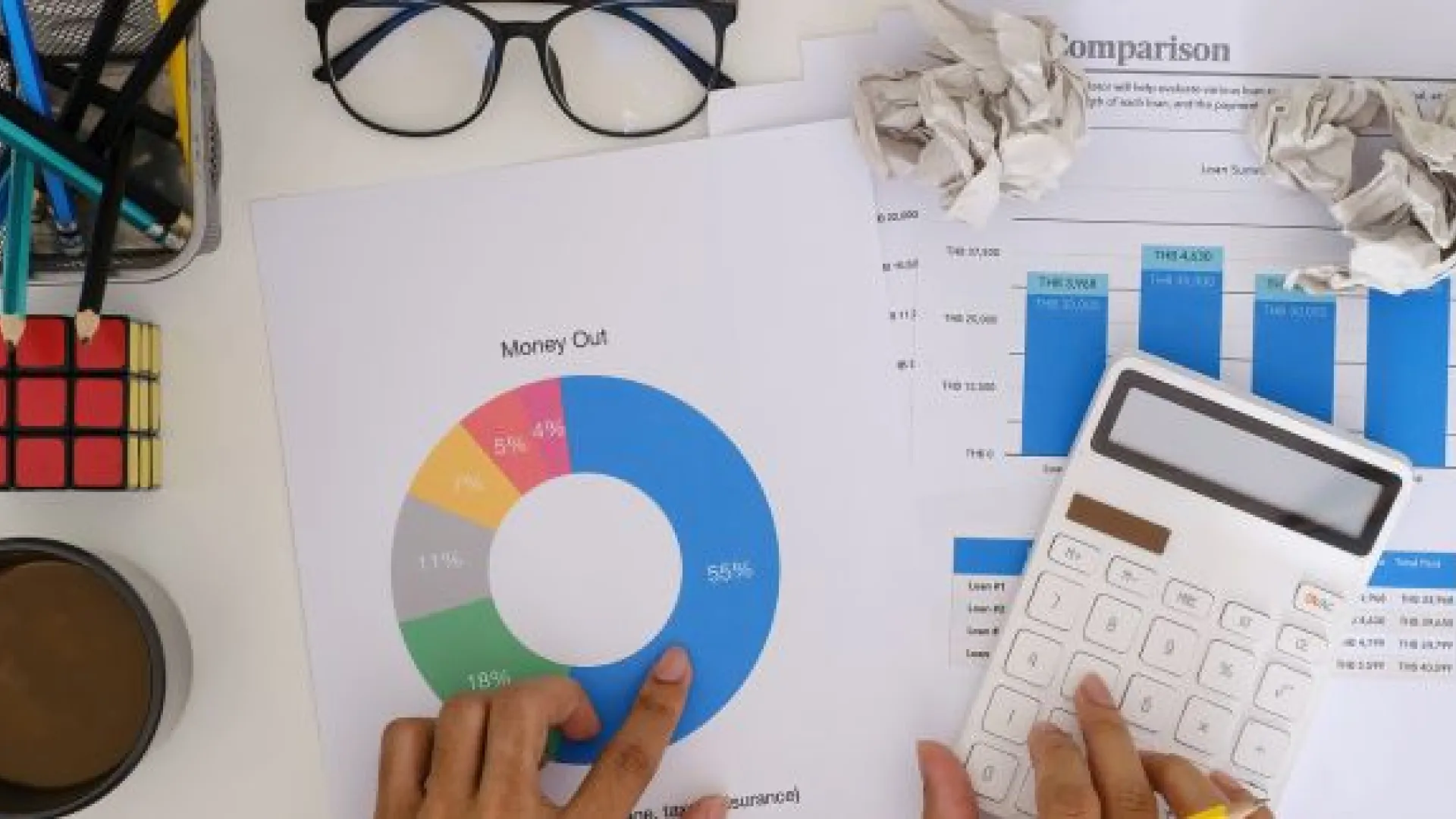 Desk from above with papers containing graphs and numbers, hands pointing to graphs, calculator
