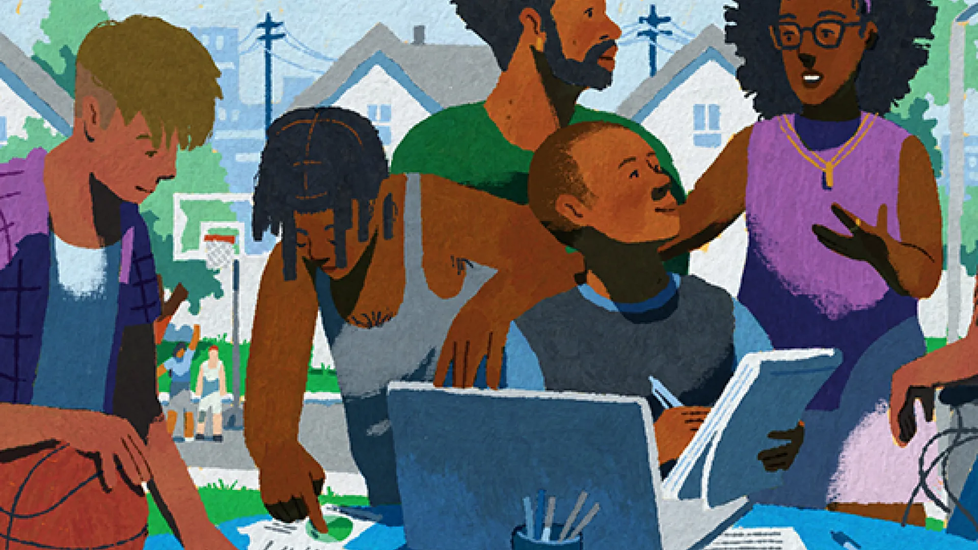 Illustration of young people working together around a laptop