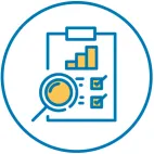 Icon showing clipboard with data and magnifying glass
