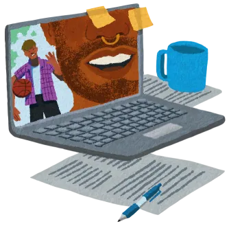 A laptop displays a virtual meeting with young people from Milwaukee talking and sharing their experiences. Papers and a cup surround the open laptop.