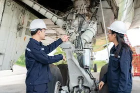 Airplane mechanics in front of an engine