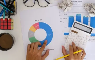 Desk from above with papers containing graphs and numbers, hands pointing to graphs, calculator
