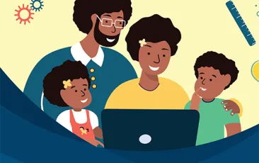 illustration of parents and two young children looking at computer