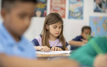 Elementary student reading in class