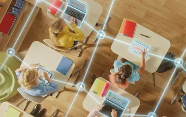 Students in a classroom connected by digital links