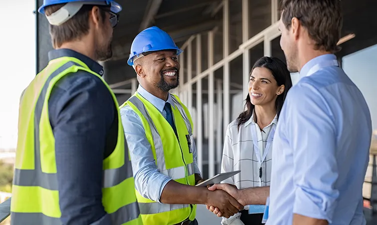 Factory colleagues shaking hands