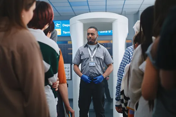 TSA worker in front of scanner