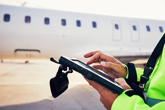 Airport employee with iPad in front of airplane
