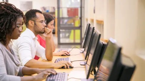 Diverse coworkers at computer