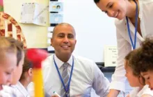 Two educators working in a classroom with elementary school students