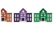 An illustration of three houses next to each other: one orange, one purple, and another green.