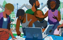 Illustration of young people working together around a laptop