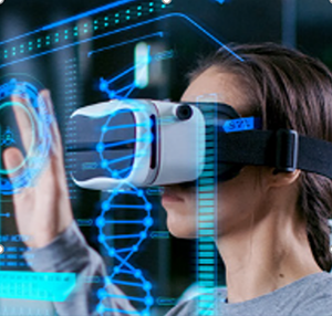 Woman looking into virtual reality machine